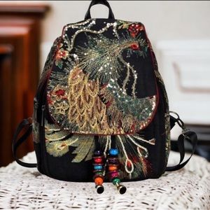 Beautiful Sequined Beaded Peacock Backpack & Shoulder Handbag